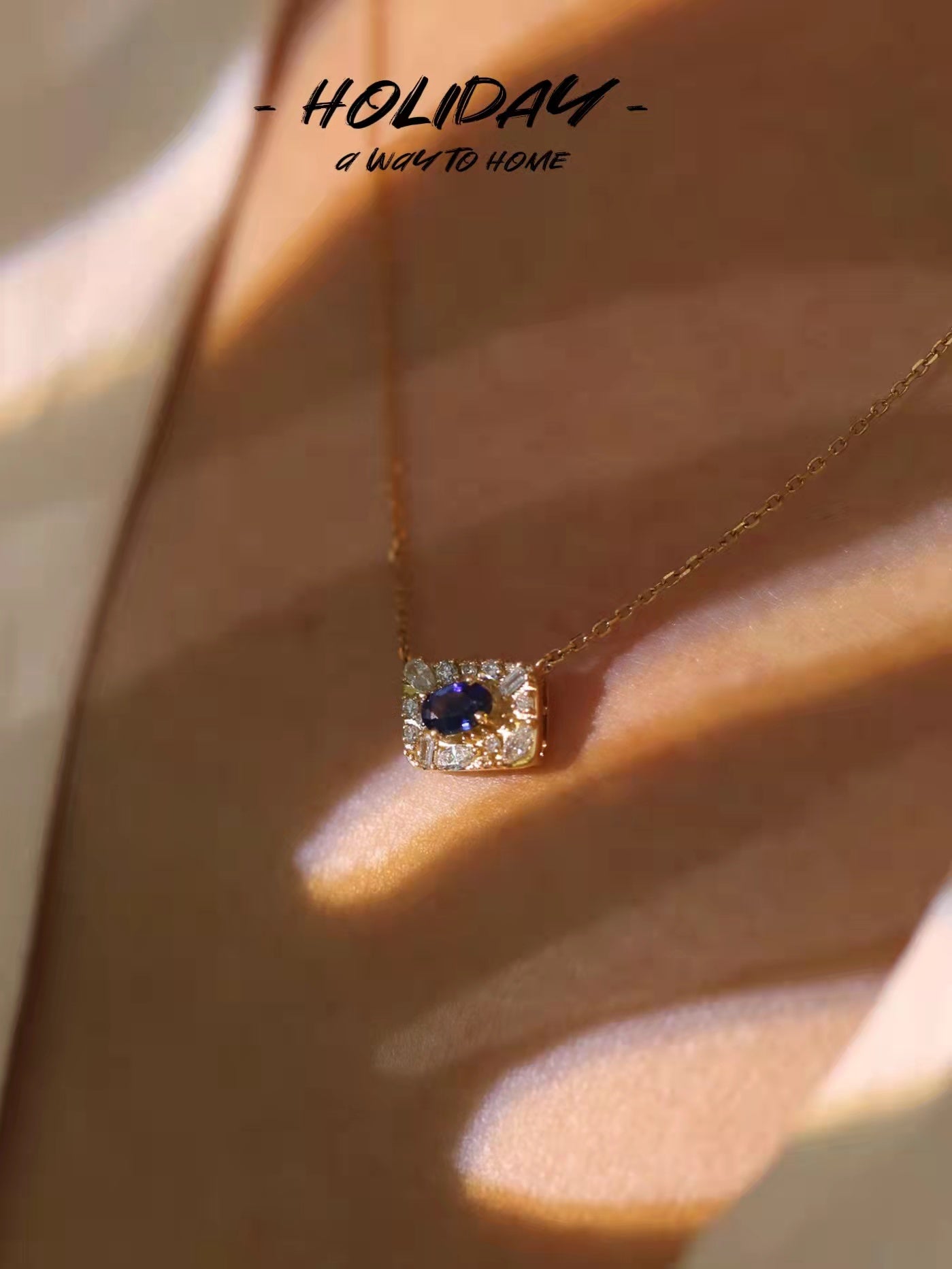 Art Deco Gold Natural Sapphire Diamond Pendant Necklace/18K Solid Gold Genuine Sapphire Diamond Necklace/Vintage Sapphire Necklace