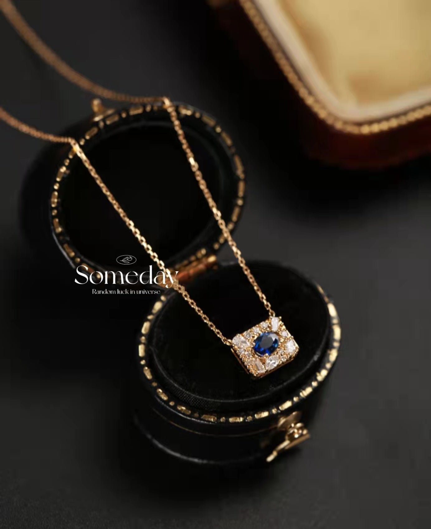 Art Deco Gold Natural Sapphire Diamond Pendant Necklace/18K Solid Gold Genuine Sapphire Diamond Necklace/Vintage Sapphire Necklace