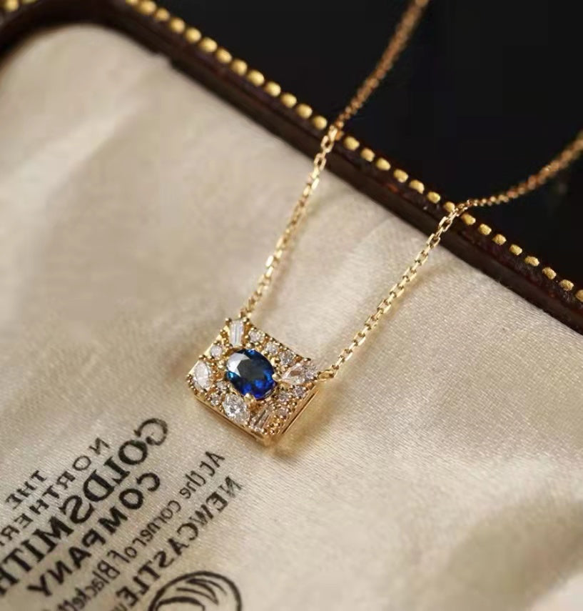 Art Deco Gold Natural Sapphire Diamond Pendant Necklace/18K Solid Gold Genuine Sapphire Diamond Necklace/Vintage Sapphire Necklace