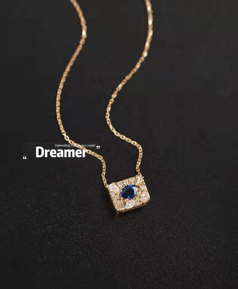 Art Deco Gold Natural Sapphire Diamond Pendant Necklace/18K Solid Gold Genuine Sapphire Diamond Necklace/Vintage Sapphire Necklace