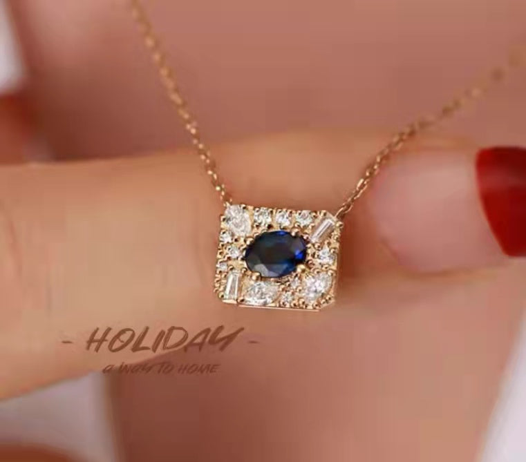 Art Deco Gold Natural Sapphire Diamond Pendant Necklace/18K Solid Gold Genuine Sapphire Diamond Necklace/Vintage Sapphire Necklace