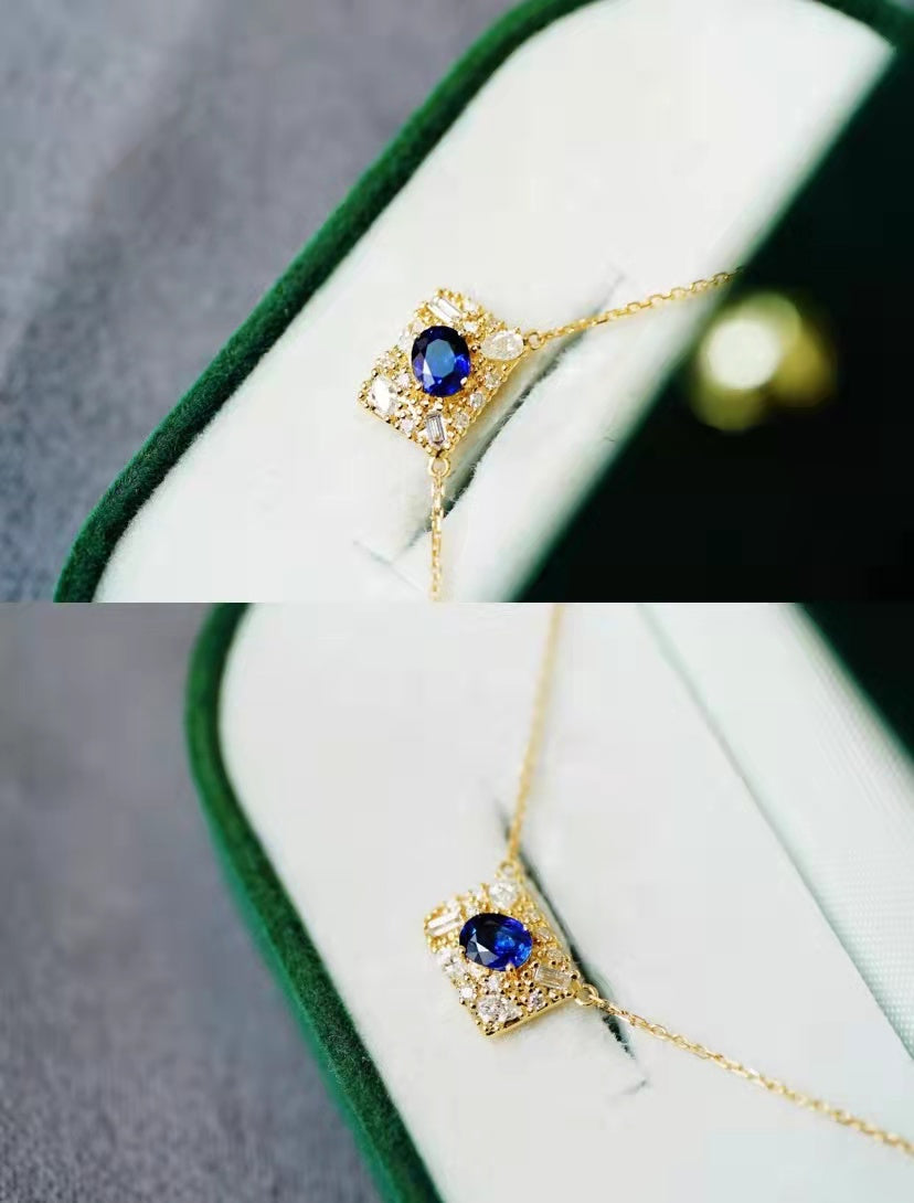 Art Deco Gold Natural Sapphire Diamond Pendant Necklace/18K Solid Gold Genuine Sapphire Diamond Necklace/Vintage Sapphire Necklace